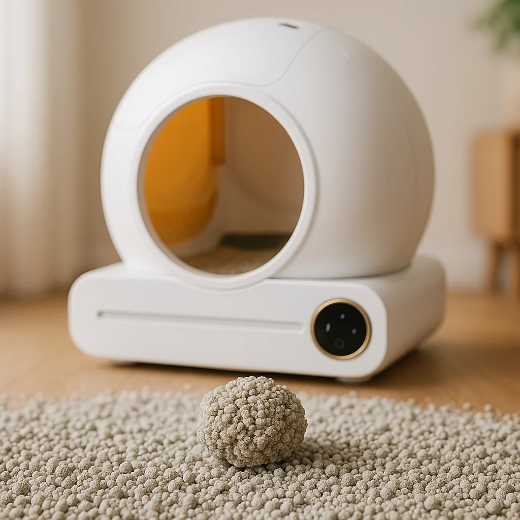 Macro de litière minérale agglomérante propre, avec au centre un amas compact nettement plus gros que les grains libres autour