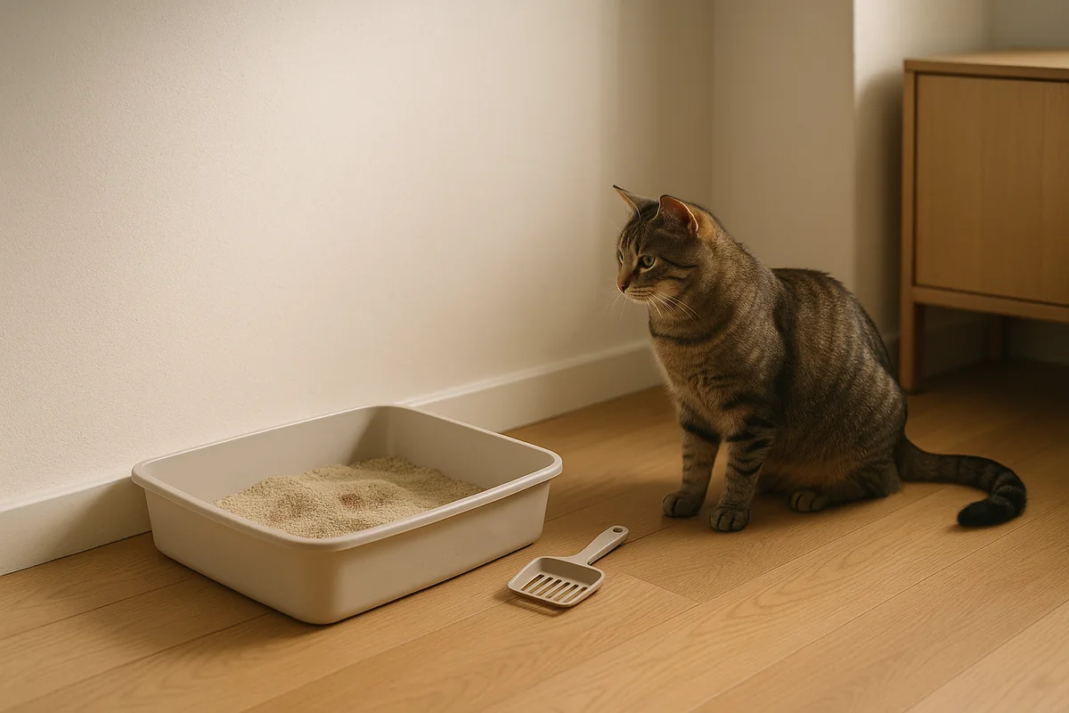 Un bac à litière classique ouvert posé dans un coin de pièce, une pelle à litière à côté, et un chat tigré assis à distance qui le regarde sans y entrer