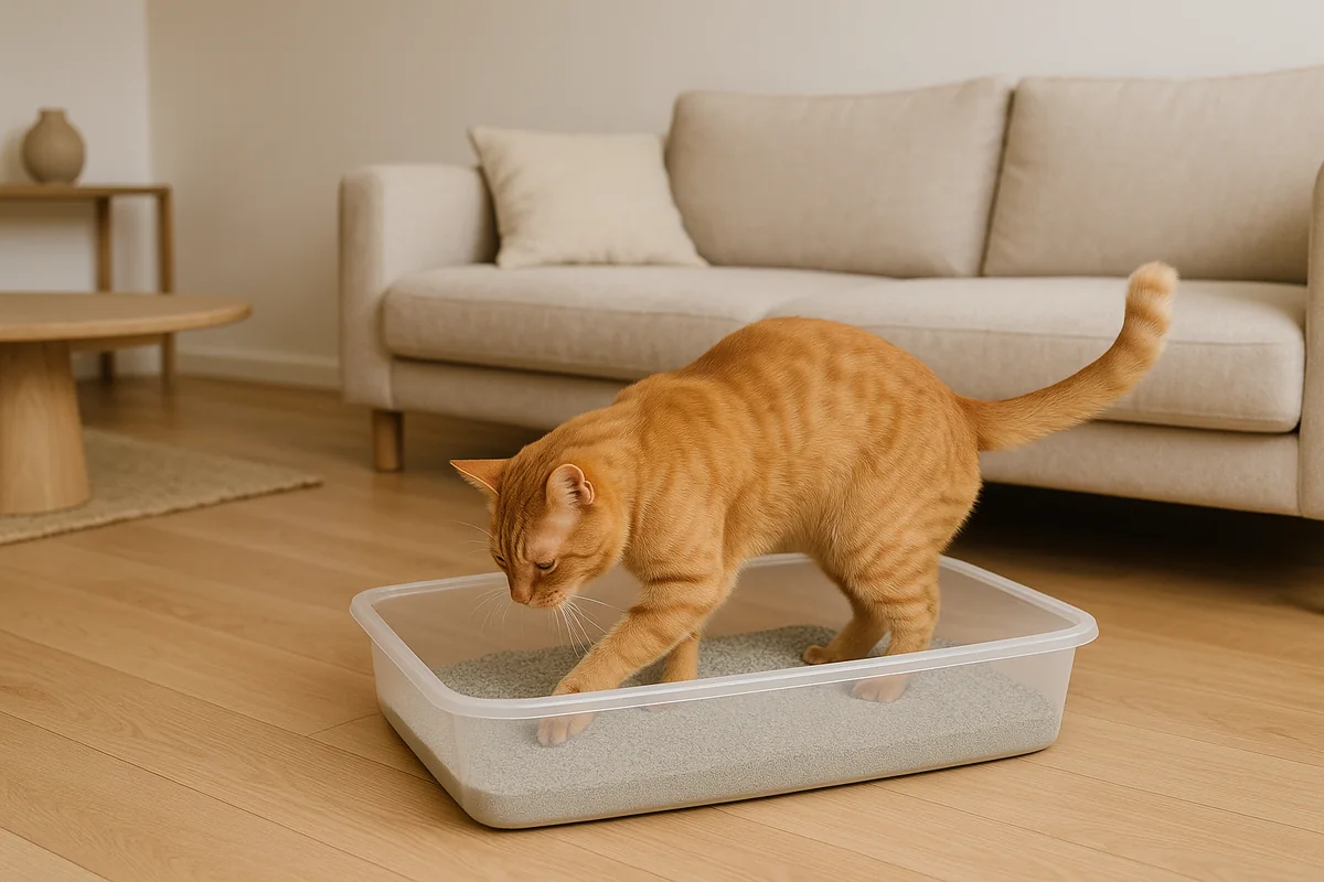 Un chat roux gratte la litière dans un bac classique ouvert posé sur un parquet