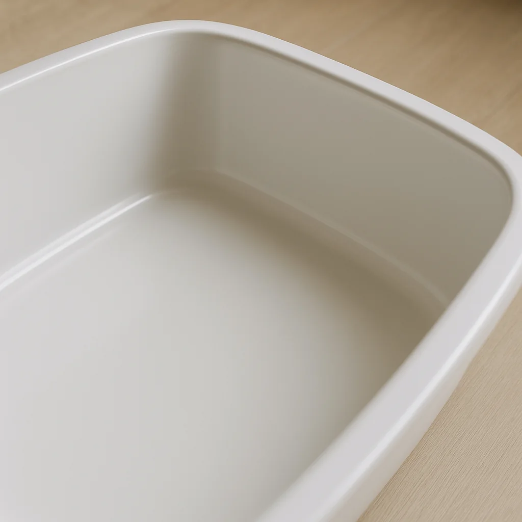 La même surface intérieure de bac à litière après un passage de chiffon, lisse et parfaitement propre