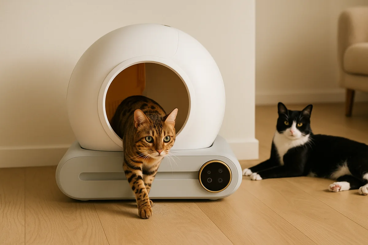 Deux chats dans un salon : un bengal sort de la litière autonettoyante pendant qu’un chat noir et blanc se repose plus loin sans bloquer l’entrée