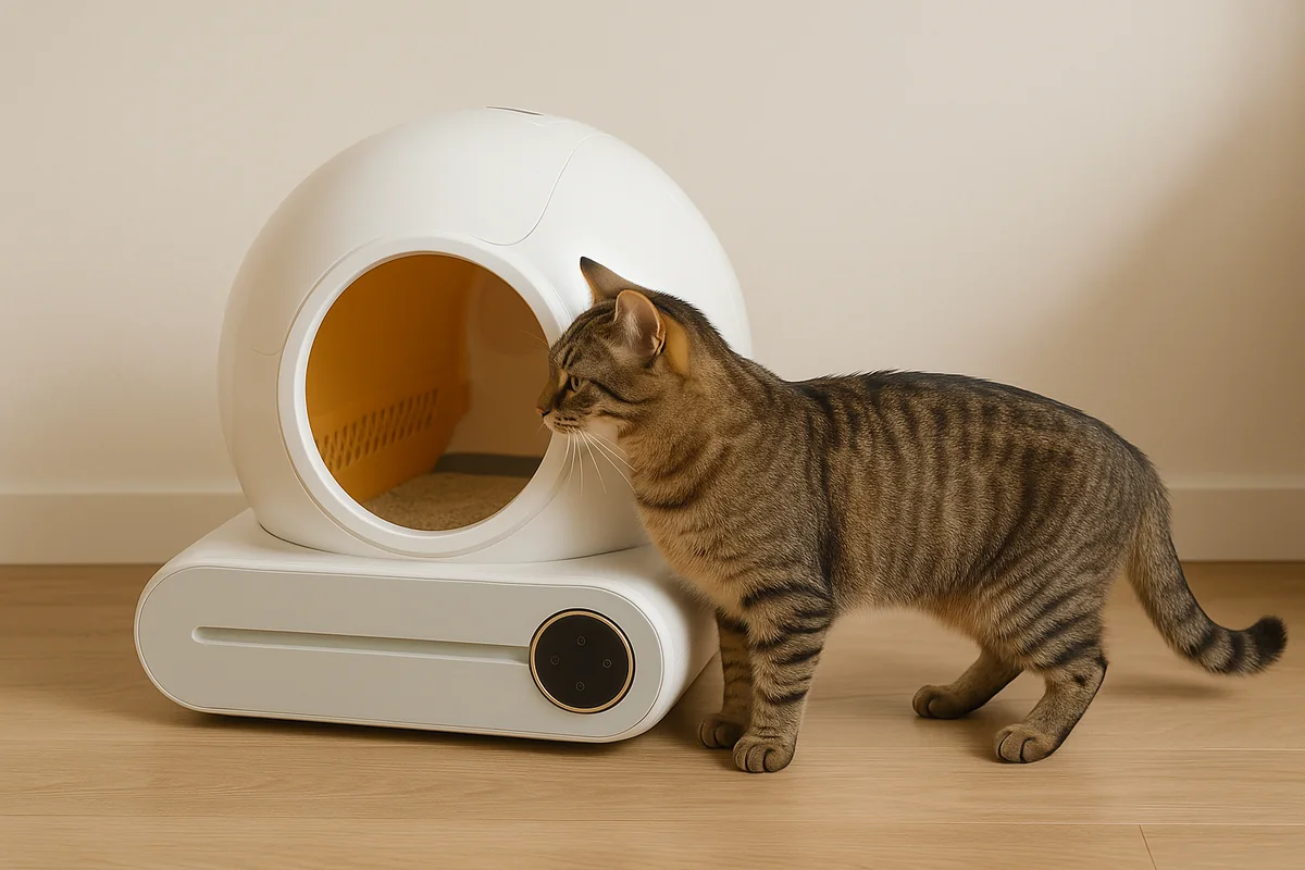 Un chat adulte debout de profil juste devant l’ouverture de la litière, prêt à entrer, permettant de comparer son gabarit au diamètre du passage