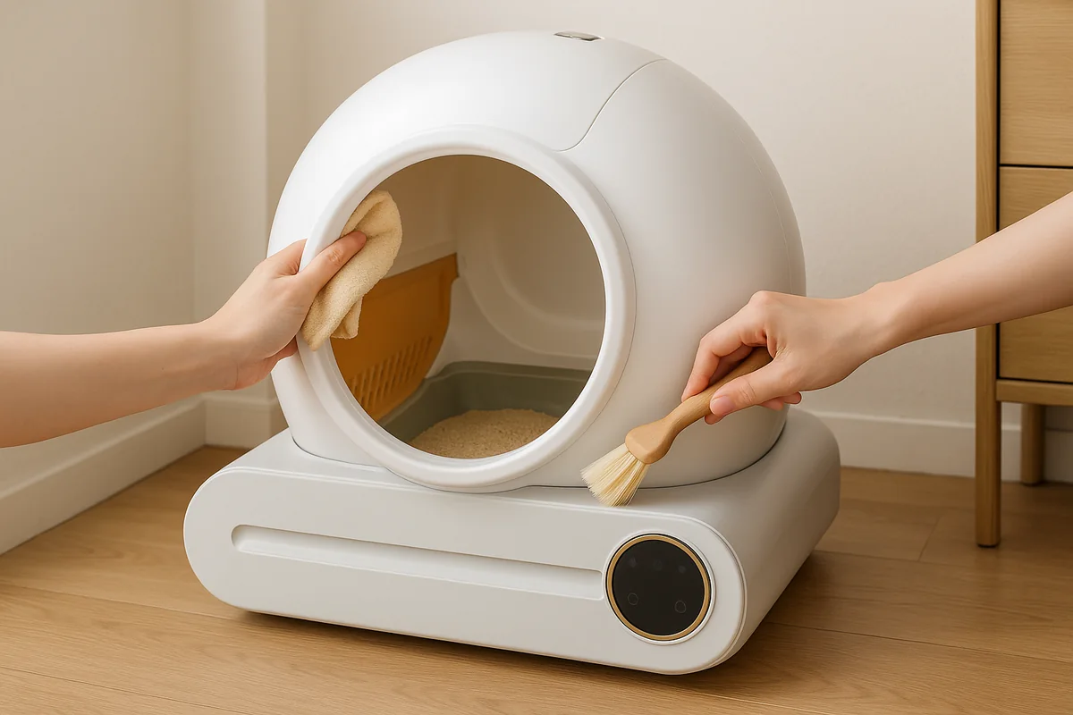 Le tambour de la litière vide et accessible, nettoyé à deux mains avec un chiffon et une petite brosse douce