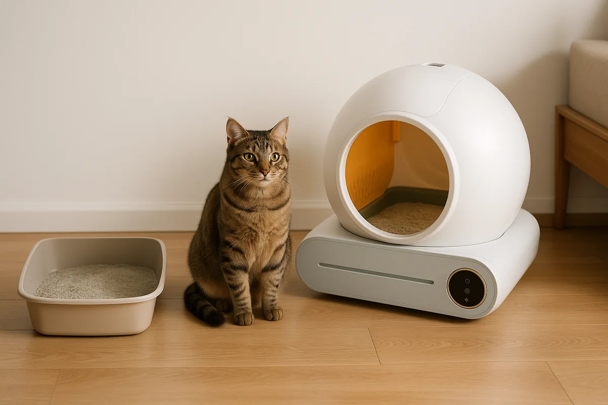 Un chat tigré au centre d’une pièce, à distance égale d’un bac à litière ouvert à sa gauche et d’une litière autonettoyante fermée à sa droite, regardant les deux