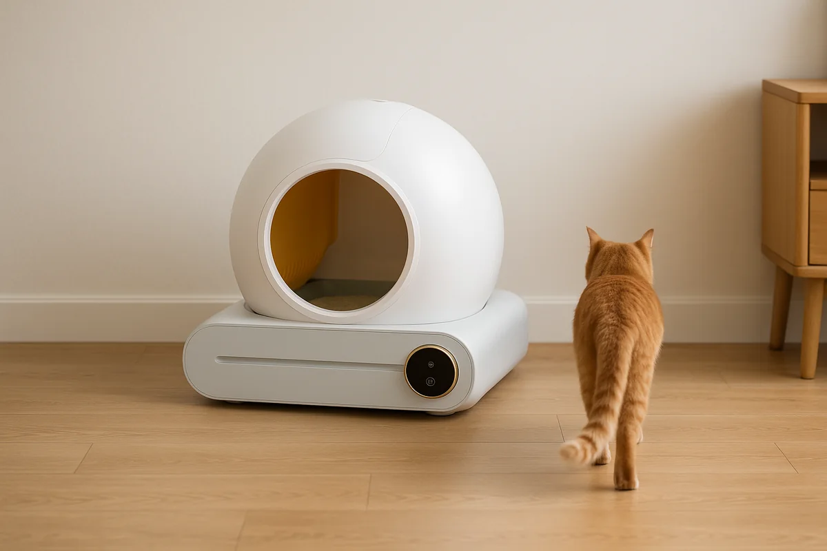 Un chat roux s’éloigne de la litière autonettoyante, de dos, à plusieurs pas ; l’appareil reste immobile