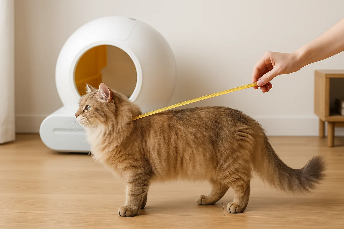 Un chat à poils longs debout de profil sur un parquet, mesuré le long du corps avec un mètre ruban souple tenu à la main