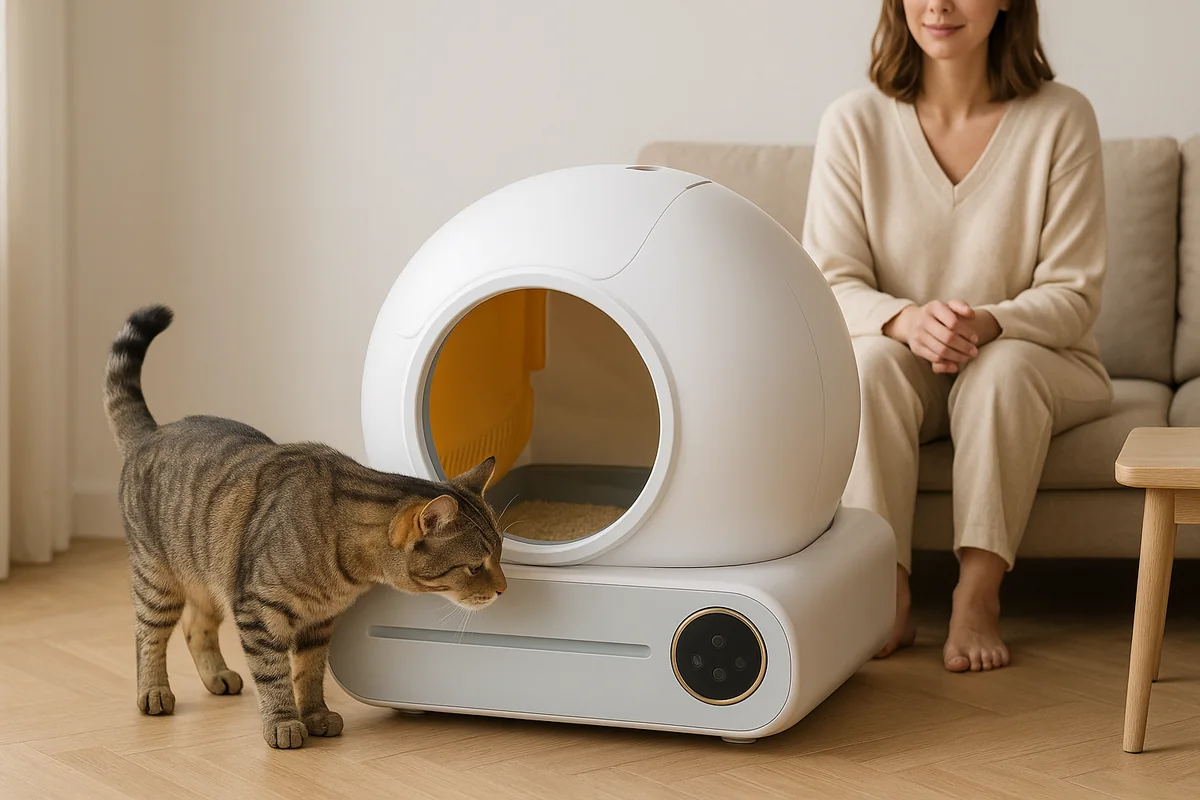 Un chat s’approche de la litière autonettoyante et renifle l’entrée pour la découvrir, tandis qu’une personne assise sur un canapé observe sans intervenir