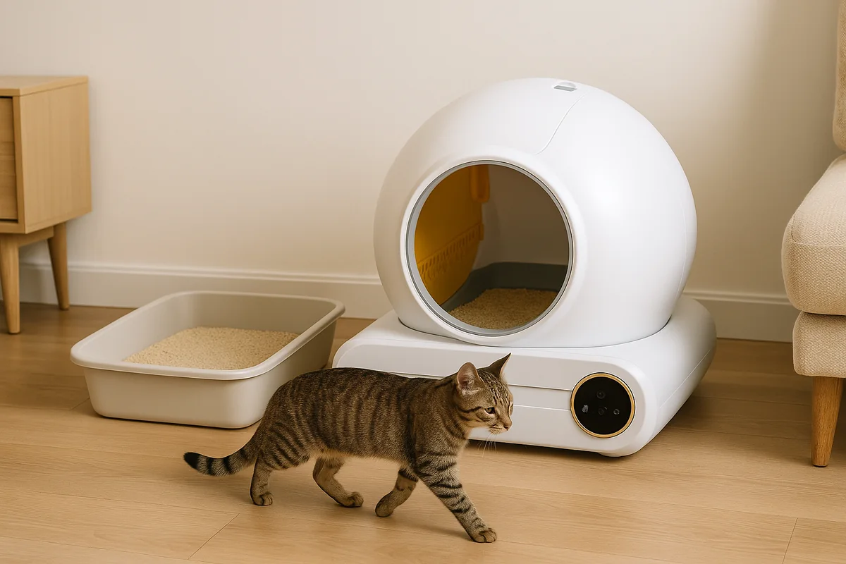 Un bac à litière ouvert parfaitement propre et une litière autonettoyante propre, côte à côte, un chat passant tranquillement entre les deux