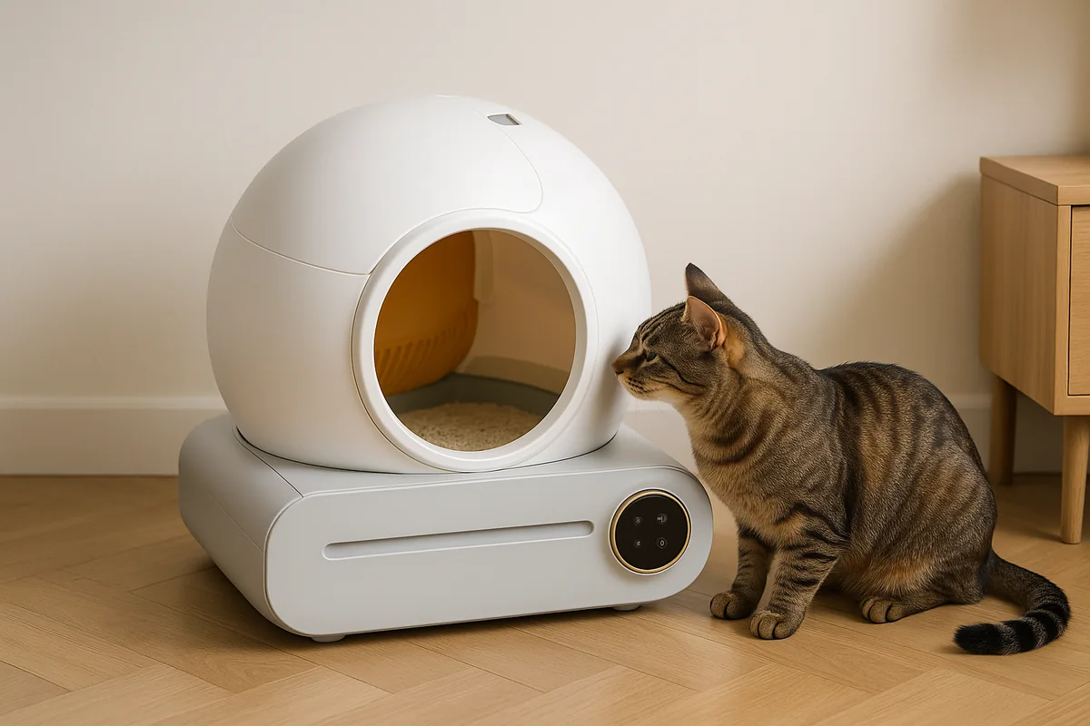 Un chat tigré revient devant l’ouverture et approche son museau, ses quatre pattes sur le parquet, l’appareil immobile