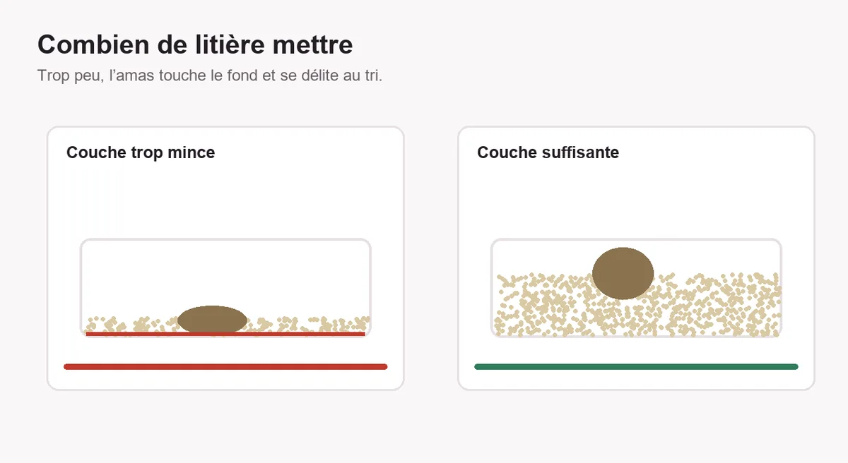 Schéma de deux bacs en coupe : à gauche une couche trop mince où l’amas s’écrase sur le fond, à droite une couche suffisante où l’amas se forme entièrement dans la litière