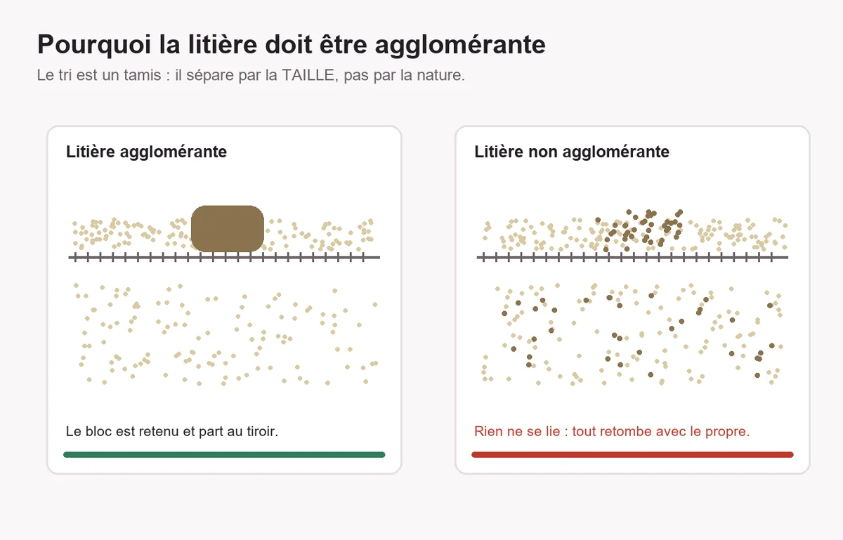 Schéma comparant deux tamis : à gauche un bloc compact retenu au-dessus de la grille, à droite des grains non liés qui la traversent tous