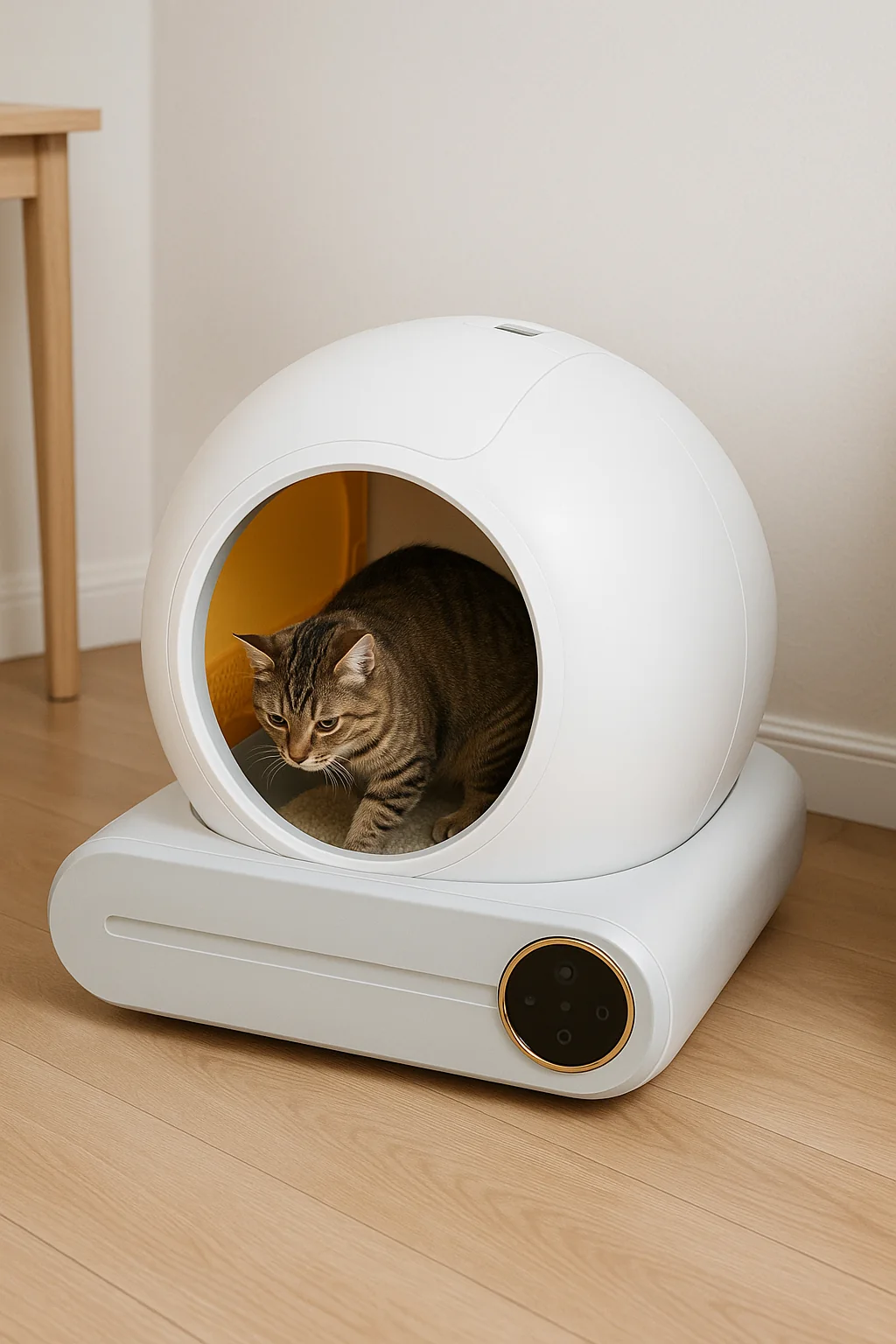 Vu depuis l’ouverture, un chat adulte à l’intérieur du tambour tourne son corps pour se positionner dans la litière