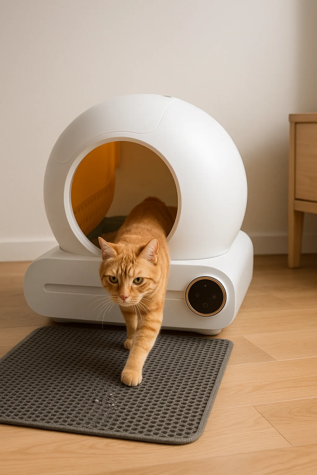 Un chat roux sort de la litière et marche sur un tapis récupérateur gris posé devant elle ; quelques grains tombés de ses coussinets restent sur le tapis, et les pieds de la machine restent sur le parquet