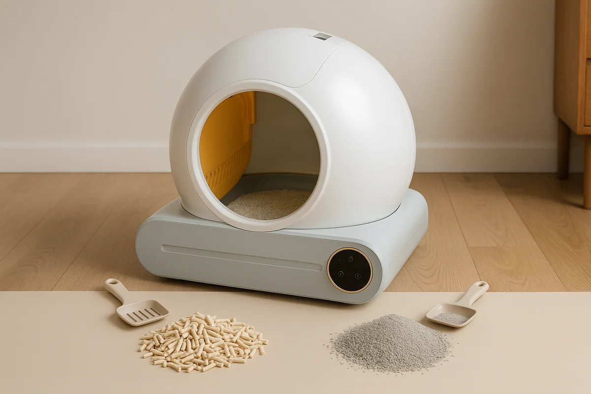 Vue du dessus de deux petits tas séparés sur une surface beige : à gauche des granulés de litière tofu clairs et cylindriques, à droite une litière minérale grise et fine, avec une pelle près de chacun