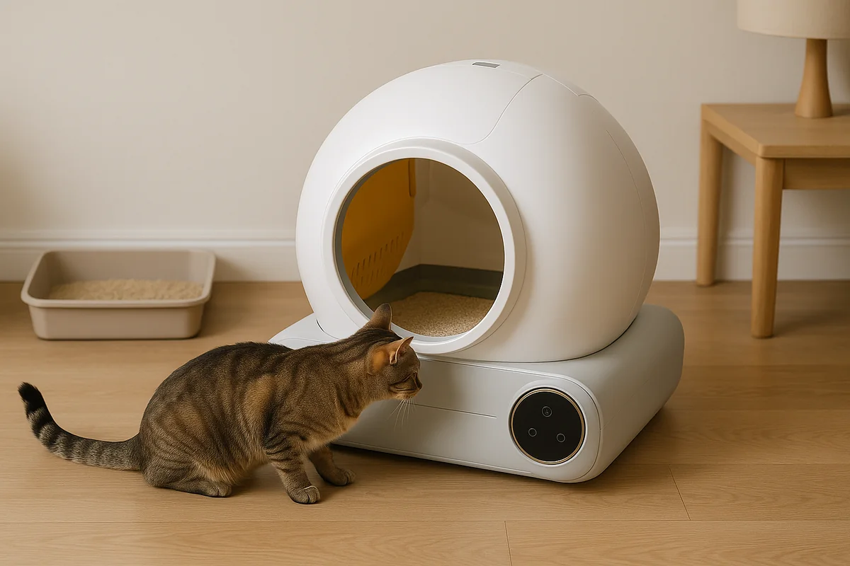 Un chat explore la litière autonettoyante récemment installée dans un salon, tandis que son ancien bac classique reste accessible quelques mètres plus loin
