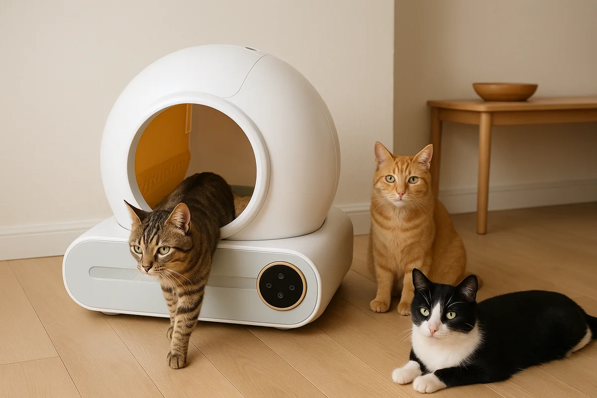 Trois chats différents dans un même salon : l’un sort de la litière autonettoyante, un roux est assis plus loin, un noir et blanc est couché à l’écart