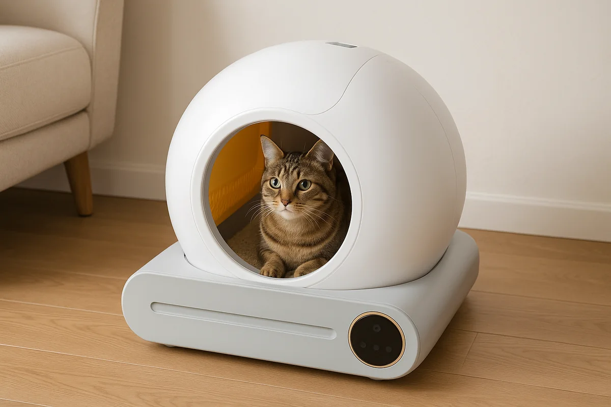 Un chat tigré installé à l’intérieur du tambour d’une litière autonettoyante fermée